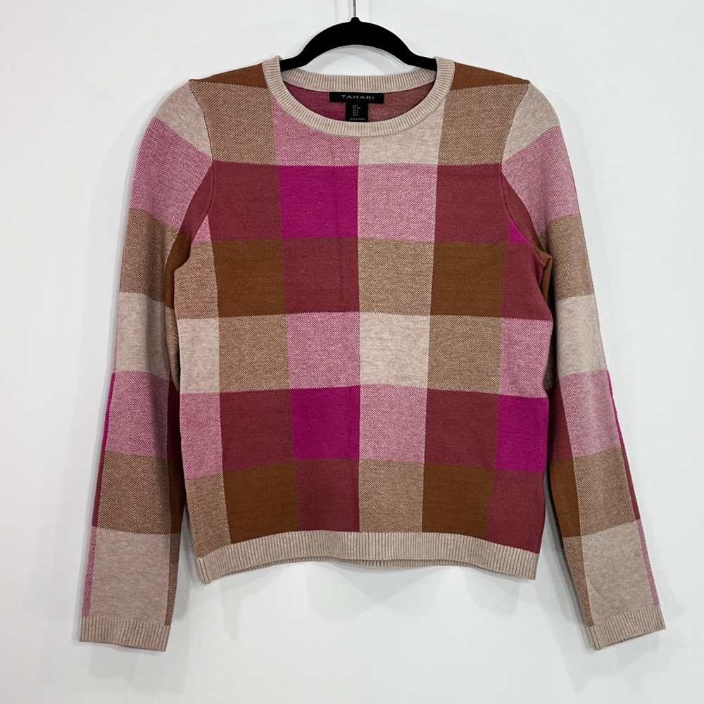 Tahari Womens Pink Brown Plaid Check Long Sleeve Crewneck Sweater Size S